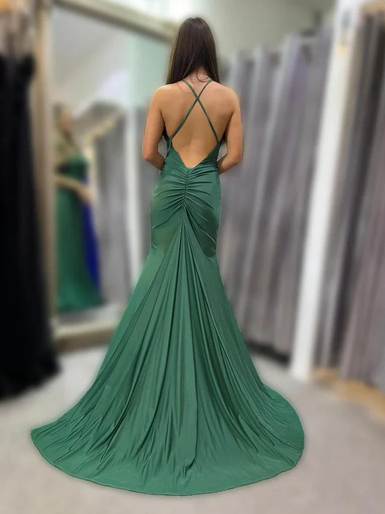 Vestidos de fiesta largos de satén verde sin espalda y corte sirena, vestidos de noche formales